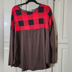 Red and Brown Plaid Long Sleeve Top